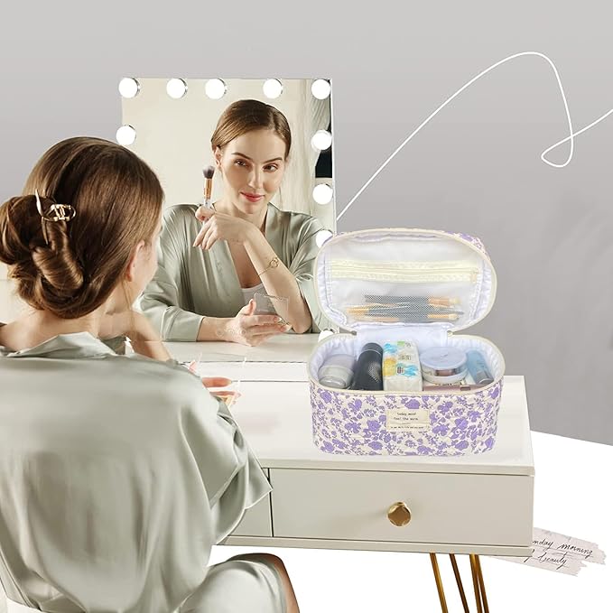 Purple Large Quilted Floral Makeup Bag Cute Soft Coquette Aesthetic Cosmetic Bag Cotton Travel Toiletry Bag for Women