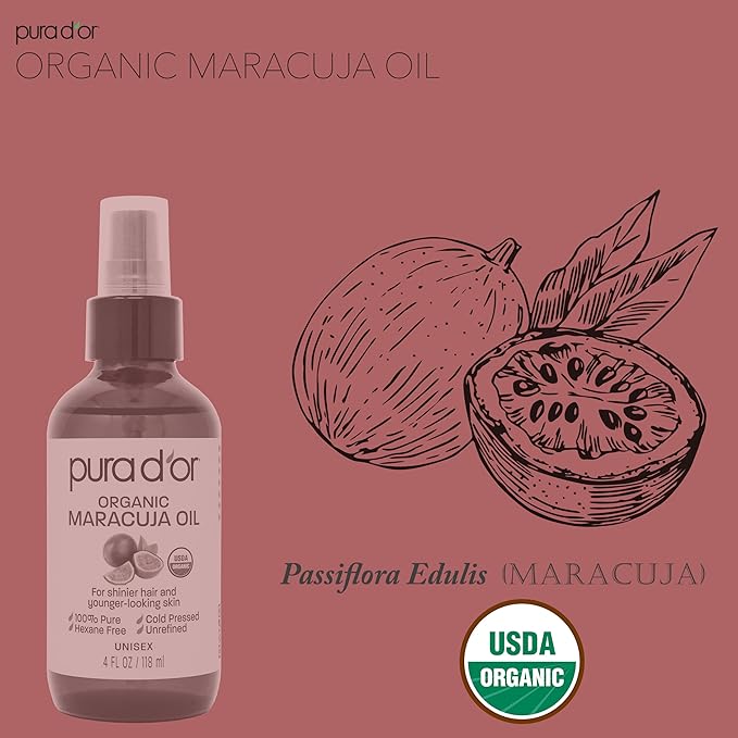 PURA D'OR 4 Oz Organic Maracuja Oil - Passion Fruit Seed Oil - 100% Pure USDA Certified Premium Grade Cold Pressed Body Oil For Hair, Skin & Face - Hydrating Therapy