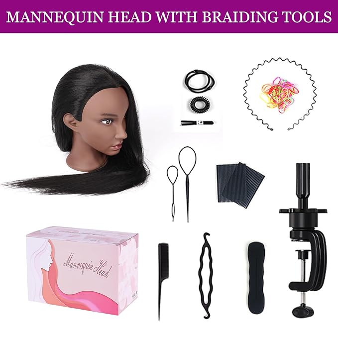 Beauty Star Mannequin Head, Manikin Doll Head 80% Real Human Black Hair for Styling, Cosmetology Makeup Hairdressing Training Practice Head with Clamp Stand and DIY Hair Styling Braiding Set