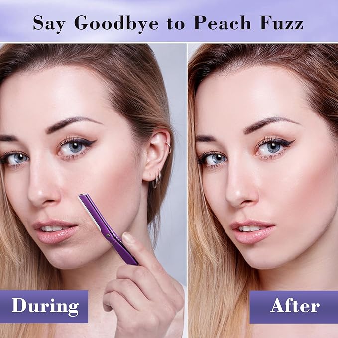 Eyebrow Razor for Women and Men, Face Razors for Women, Dermaplane Razor with Protective Silicone Cover, Reusable Metal Handle with 6 Refill Blades, Skin Care Tool - Purple