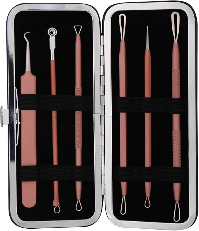 JPNK Blackhead Remover Tool Comedones Extractor Acne Removal Kit for Blemish, Whitehead Popping, 6 Pcs Zit Removing for Nose Face Tools with a Leather Bag (Pink)