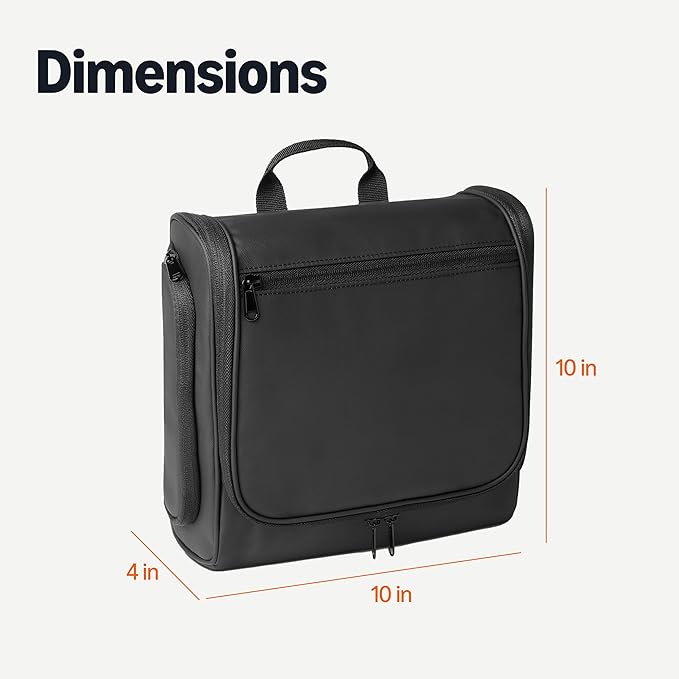 Amazon Essentials Waterproof Travel Toiletry Bag for Men and Women, Hanging Toiletry Bag, Dopp Kit with 2 Side Pockets, Multiple Interior Pockets, Handles Bathroom Spills/Splashes, Black