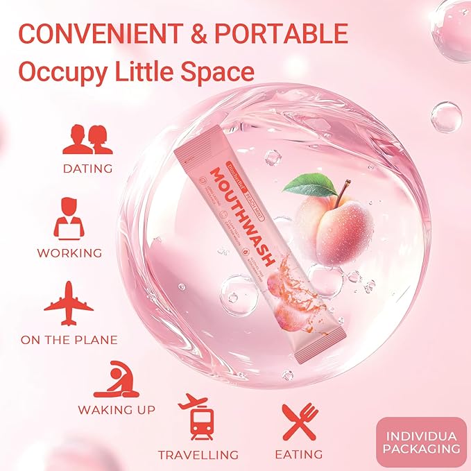 Travel-Size Alcohol & Fluoride Free Peach Mint Mouthwash Packets, 60 Individually Wrapped Portable Packs for Adults, Fresh Breath Peach Mint Flavored Mouthwash for Oral Hygiene, 0.63 Fl Oz Each