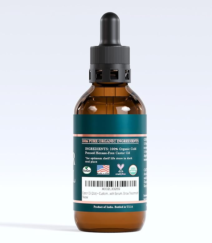 Live Fraiche Organic Castor Oil Lash Serum for Hair Growth, 100% Pure Eyebrow Eyelash Growth Serum, Cold Pressed Hexane Free (2oz Glass Bottle + FILLED Mascara Tube)