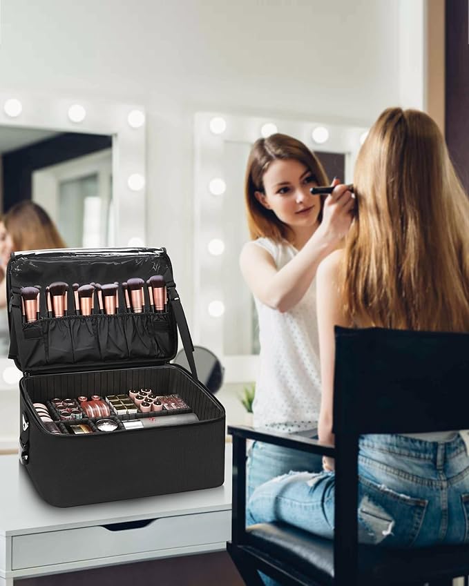 Relavel Makeup Bag Large Makeup Case Professional Cosmetic Storage Organizer Box Brush Holder with 3 Clear Set Bags for Makeup Artists with Shoulder Strap & Adjustable Dividers