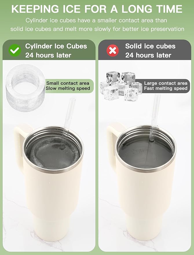 Ice Cube Tray for Tumbler Cup 30Oz-40Oz, 3 Pcs Silicone Cylinder Ice Mold with Lid and Bin for Freezer, Easy Fill and Release Ice Maker for Whiskey, Cocktail BPA-Free