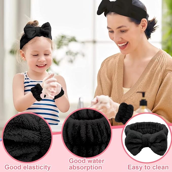 Makeup headband,spa Headband and Wristband Set,bubble Skincare Headbands with Wristbands and Hair Scrunchies Set for Skin Care Makeup Removal Shower (Black-6pcs)