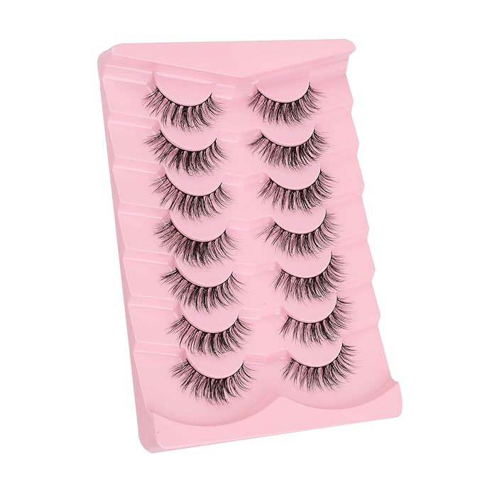 Natural Lashes False Eyelashes 17MM Wispy Lashes 3D Volume Strip Eyelashes C Curl False Eye Lashes 0.1MM Thin Band Fluffy Lashes Pack Siligli 7 Pair Lash Eyelash