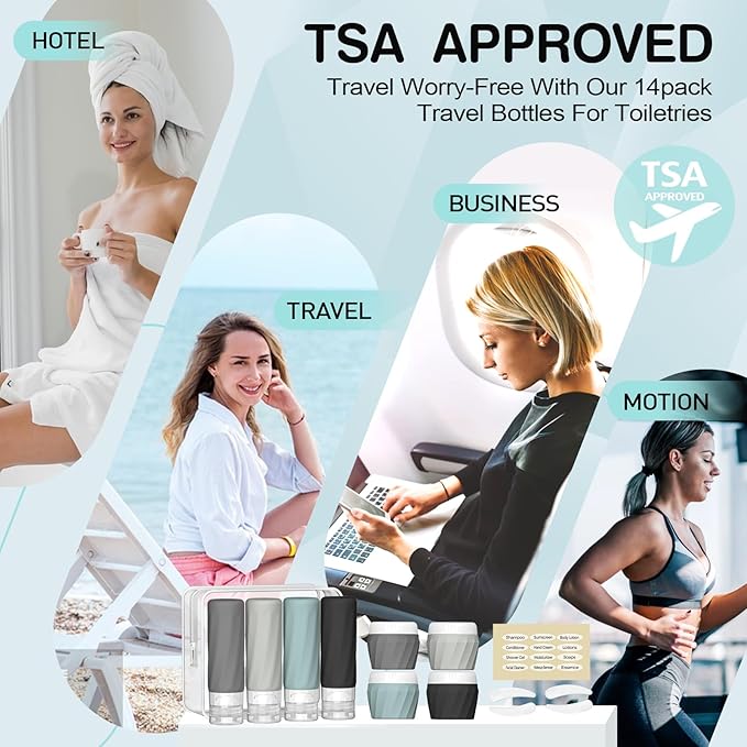 14pack Travel Bottles for Toiletries, TSA Approved Travel Size Toiletries Containers Set, Premium Silicone Leak Proof Refillable Squeezable & Creams jars Accessories Kit W/Clear Bag (Gray)