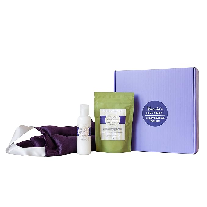 Victoria's Lavender Neck Wrap Gift Set with Bath Salts, Hand & Body Lotion - Skin Care Set & Spa Kits, Bath and Body Products for Women, Beauty Products For Women Made in the USA - Lavender (Set of 3)