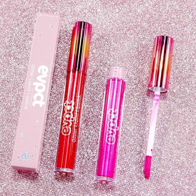 evpct 2Pcs Ruby Red Rose Pink Matte to Glitter Liquid Lipstick Set Kit for Women Long Lasting Glossy Metallic Shimmer Sparkle Lipstick Lip Gloss 3+11