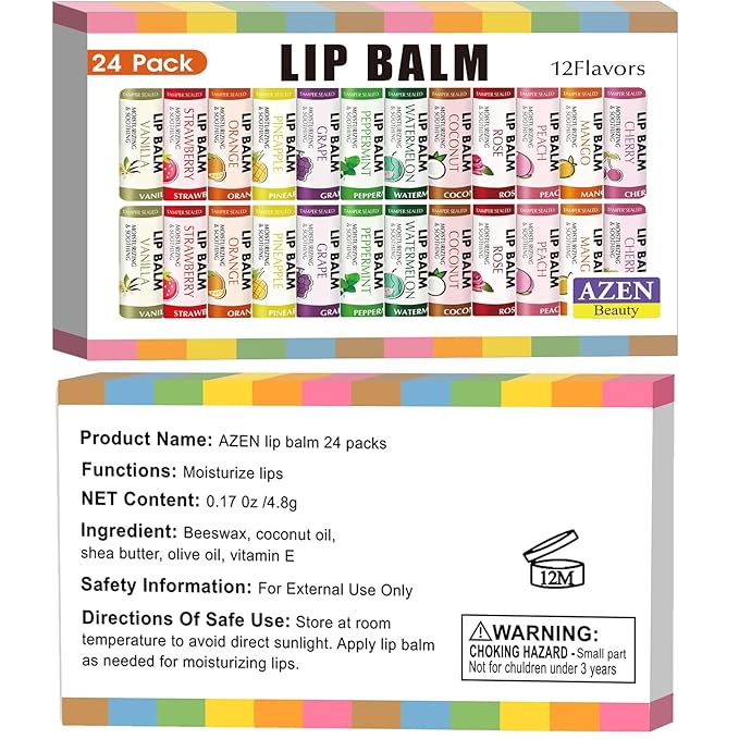 AZEN 24 Pack Lip Balm, Natural Lip Balm Bulk, Lip Care Product, Moisturizing Lip Balms for dry cracked lips - 12 Flavors