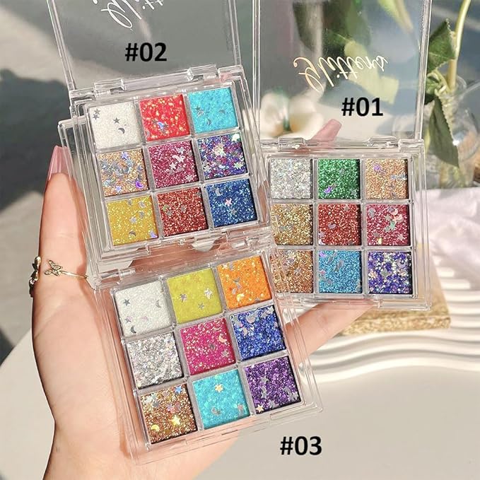 AMY'S DIARY 9 Colors Pressed Glitter Eyeshadow Palette Glitter Silver Blue Purple Gold Eyeshadow Palette, Glitter Daily Party Sparkling Eye Face Makeup Cosmetics (D1)