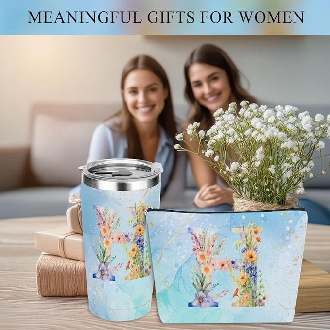 Personalized Gifts Monogrammed Birthday Gifts for Women, Bridesmaid Bachelorette Party Christmas Initial 20 oz Tumbler, Makeup Bag Cup Ballpoint Pens Journal Notebook 6 Set, (Aesthetic Blue Flower H)