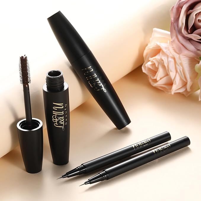 4D Mascara And Eyeliner Set Black Brown Long Lasting Mascara Waterproof Eyeliner Kit (Brown)