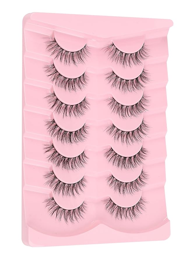 Lashes Natural Wispy Eyelashes 15mm Strip Lashes Pack False Eyelashes 0.1MM Thin Band C Curl Eye Lashes 3D Volume False Eyelashes Siligli Lashes 7 Pair