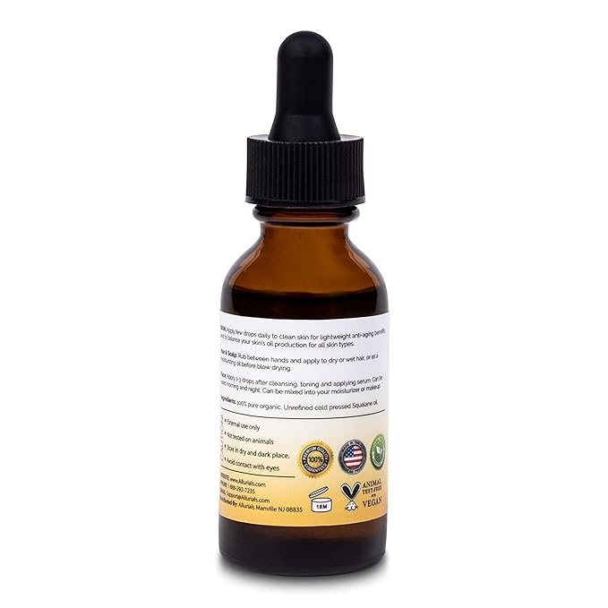 Allurials 100% Organic & All Natural Plant-Based Squalane Oil for Face, Hair, & Body, Cold Pressed and Unrefined Premium Grade Multipurpose Facial Oil for Moisturize, Smooth, and Soften Skin - 1 Oz