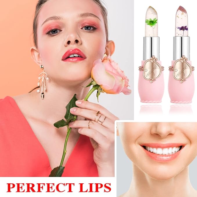 2 Pack Crystal Jelly Flower Lipstick,Magic Temperature Color Change Lip Gloss Lip Stick PH Clear Magic Lipstick Long Lasting Nutritious Moisturizing Lip Balm(Set C)