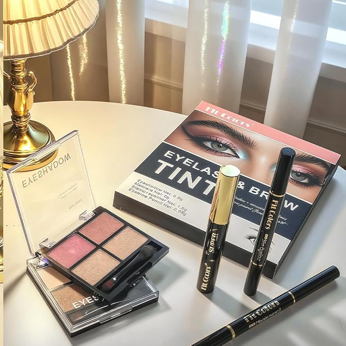 sam sugar 4-in-1 Eye Makeup Kit 4-Color Eyeshadow Palette Double-Ended Liquid Eyeliner Volumizing Mascara Eyebrow Pencil & Brush for Daily Makeup(03#)