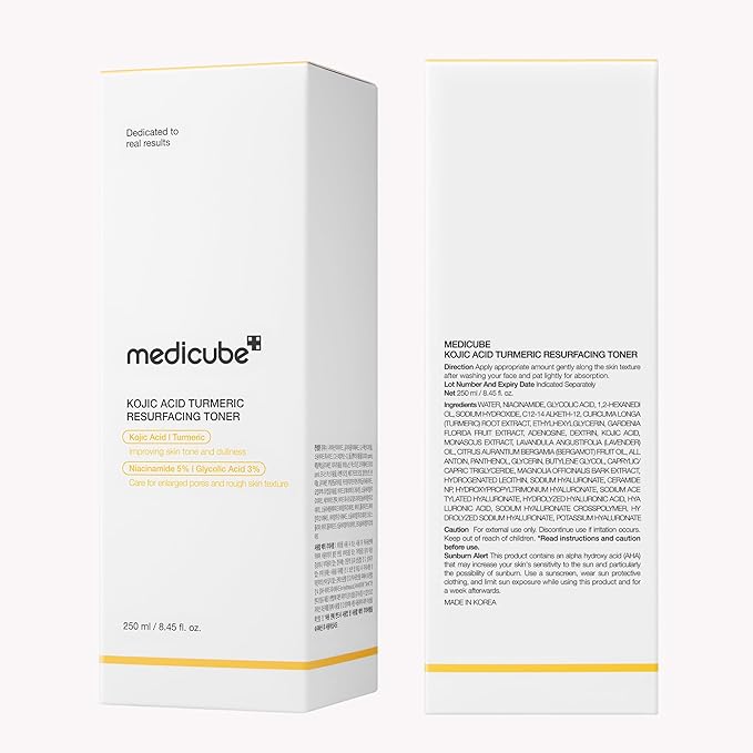 medicube Kojic Acid Turmeric Smoothing Toner for Face & Body | Lightweight Daily Toner for Balancing Uneven Skin Tone & Texture | Niacinamide, Glycolic Acid for Clear Glass Skin | 8.45 fl.oz