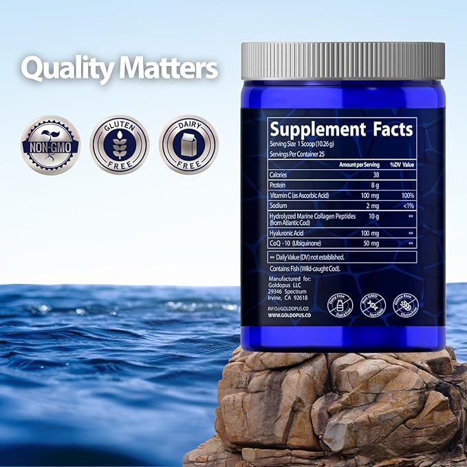 Marine Collagen Peptides Powder with Hyaluronic Acid, Coenzyme Q10, Vitamin C - Promote Firm Skin, Strong Nails&Hair, Healthy Joints - Hydrolyzed Collagen from Atlantic Cod - 10g per Serving