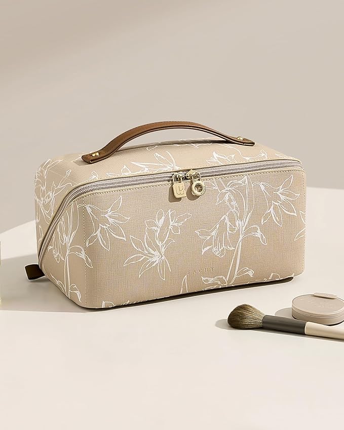 EACHY Travel Makeup Bag,Large Capacity Cosmetic Bags for Women,Waterproof Portable Pouch Open Flat Toiletry Bag Pattern Makeup Bag (F-Brown-Large)