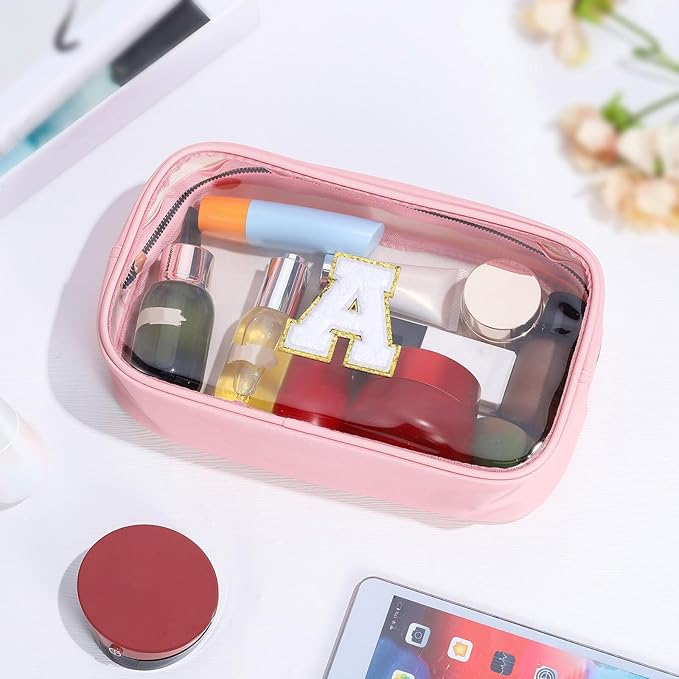 YOOLIFE Initial Make Up Bag Travel Toiletry Bag, Clear Makeup Bag Preppy Cosmetic Bags Organizer Travel Essentials Pink Gifts for Women Teen Girlfriend Teacher Mom Birthday Mothers Day Gifts I
