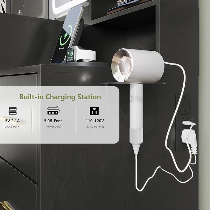 Makeup Vanity with LED Light Strip Mirror and Chair, 7 Drawers & 2 RGB Cabinets Black Vanity Makeup Desk with Power Strip, Adjustable LED Lighting, and Cushioned Stool for Women, Girls, Teens