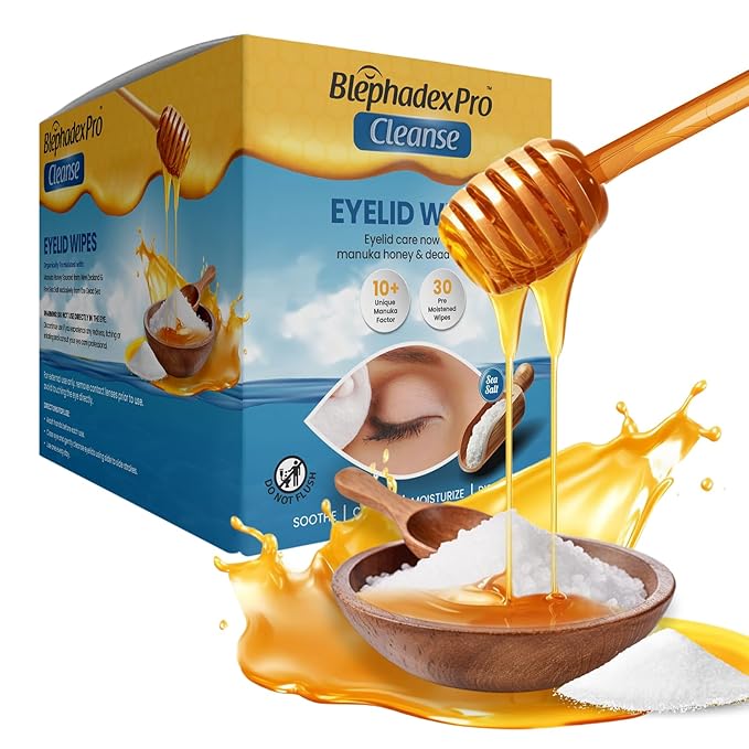 Lunovus Eyelid Wipes with Manuka Honey & Dead Sea Salt - Box of 30, Individually Wrapped, Pre-Moistened for Daily Hygiene & Dry Eyes Relief, Makeup & Debris Removal, Adults