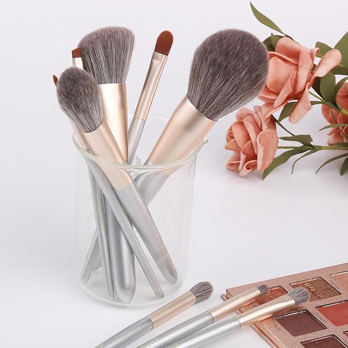 Natural Hair Makeup Brushes Set Professional, Grey Squirrel Hair Makeup Brush Set with Case, Unique Cosmetic Brushes Makeup Set, Natural Makeup Brushes, Natural Bristle Makeup Brushes -Silver