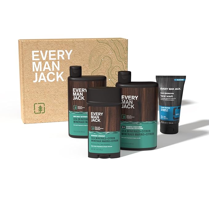 Every Man Jack Men’s Sea Minerals + Citron Bath and Body Gift Set - Clean Ingredients & Sea Minerals and Citron scent - Round Out His Routine with Body Wash, 2-in-1 Shampoo, Deodorant & Face Wash