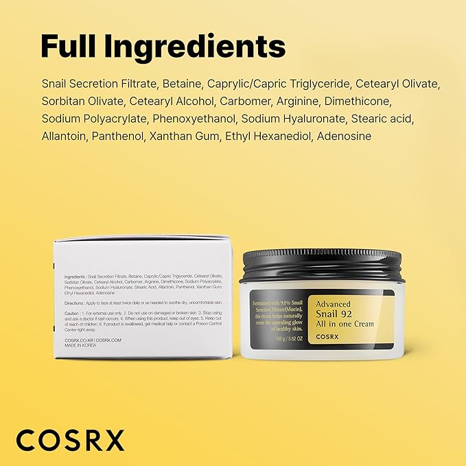 COSRX Snail Mucin 92% Face Moisturizer, 3.52 Oz, Lightweight Moisturing Cream for Soft, Glowy Skin, Korean Skin Care, Korean Moisturizer Face Cream