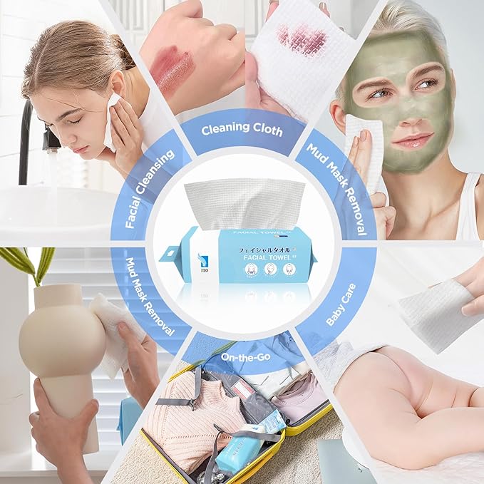 ITO Disposable Face Towel, Ultra-Soft 1-Second Quick-Dry Face Towels, Gentle for Sensitive Dry Oily Skin, Facial Towels for Daily Cleansing Makeup Removal (180 Count EF Texture)