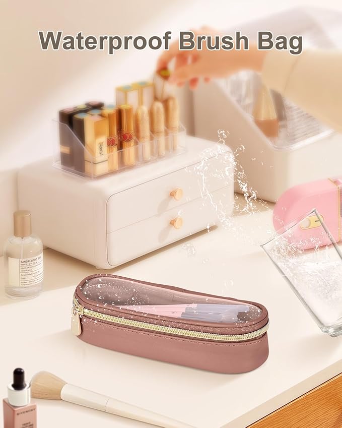 Clear Travel Makeup Brush Holder, Leather Makeup Brush Toiletry Bag, Portable Cosmetic Brush Case, Transparent Waterproof Makeup Brush Storage Bag, Brown