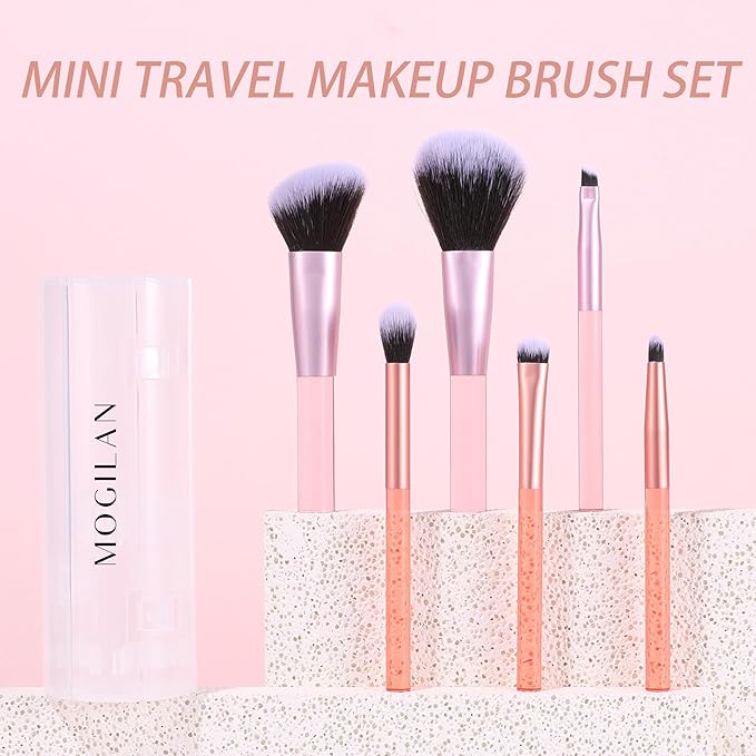 Travel Makeup Brush Set Mini Makeup Brushes For Foundation Concealer Eyeshadow Blush Blending & Buffing Liquid Cream Powder 6PCS Travel Size Complete Function Cosmetic Brushes Kit with Case