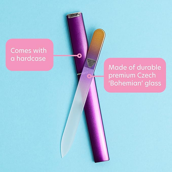 Bona Fide Beauty - Premium Czech Glass Fingernail File with Case - Gentle, Durable & Professional Manicure Tool - Beauty Gift for Women (Gold Violet)
