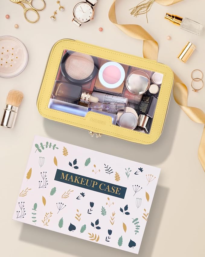 Travel Clear Makeup Bag with Makeup Brush Bag, Leather Makeup Case Toiletry Bag, Portable Cosmetic Bag Case, Transparent Waterproof Cosmetic Organizer Storage Bag for Women, Yellow