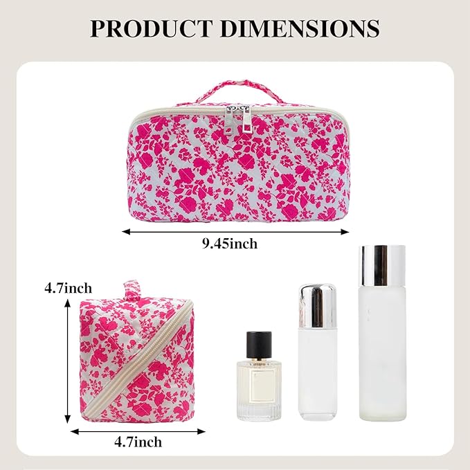 Rose Red Large Quilted Floral Makeup Bag Cute Coquette Aesthetic Cosmetic Bag Open Flat Travel Toiletry Make up Bag for Women