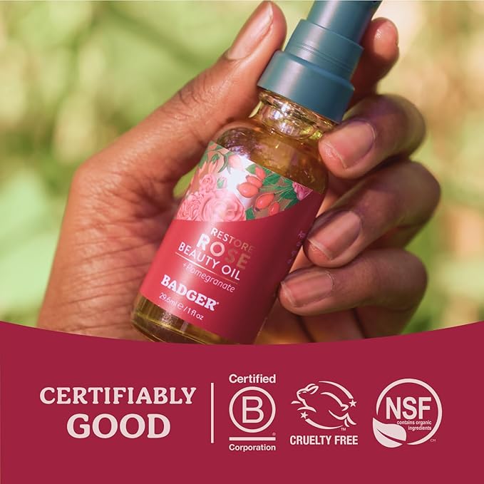 Badger Rose Face Oil, 100% Organic Face Moisturizer, Nourishing & Soothing Organic Jojoba Oil & Rose Oil, Vegan Antioxidant Rich Moisturizing Facial Oil, 1 fl oz Glass Bottle