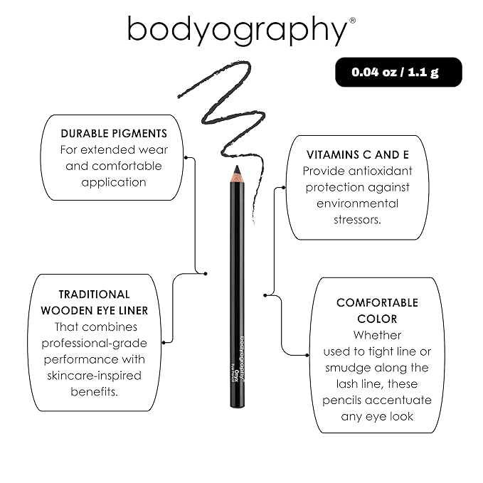 Bodyography Cream Eye Pencil, Black - Black Wooden Eyeliner for Eyes & Eyebrows, Long-Lasting Cruelty-Free Coconut Oil Cosmetic Liner