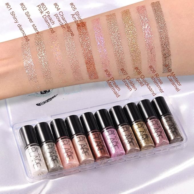 evpct 10 Colors Glitter Liquid Eyeliner Eye Eyeshadow Makeup Set, Pink Brown White Gold Glitter Liquid Eyeshadow Gel Eyeliner Set delineador de ojos contra el agua delineadores de colores para ojos