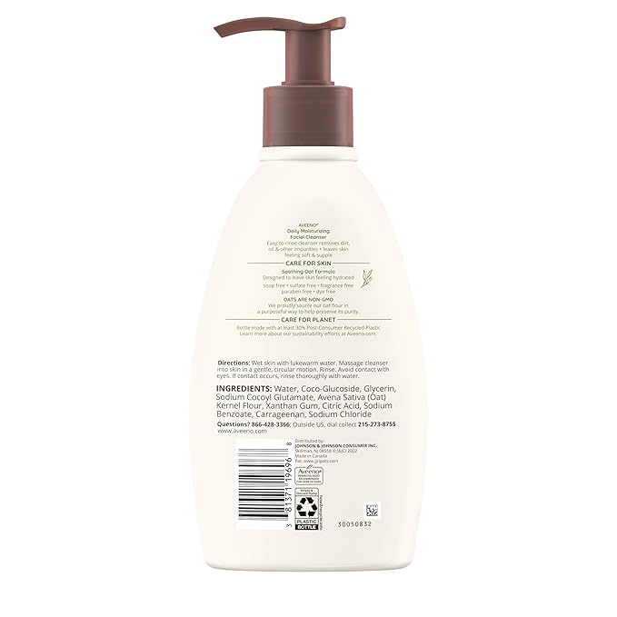 Aveeno Daily Moisturizing Facial Cleanser for Dry Skin, Gentle Face Cleanser with Soothing Oat for Skin that Feels Soft & Supple, Removes Dirt, Oil and Impurities, Fragrance Free, 12 FL OZ