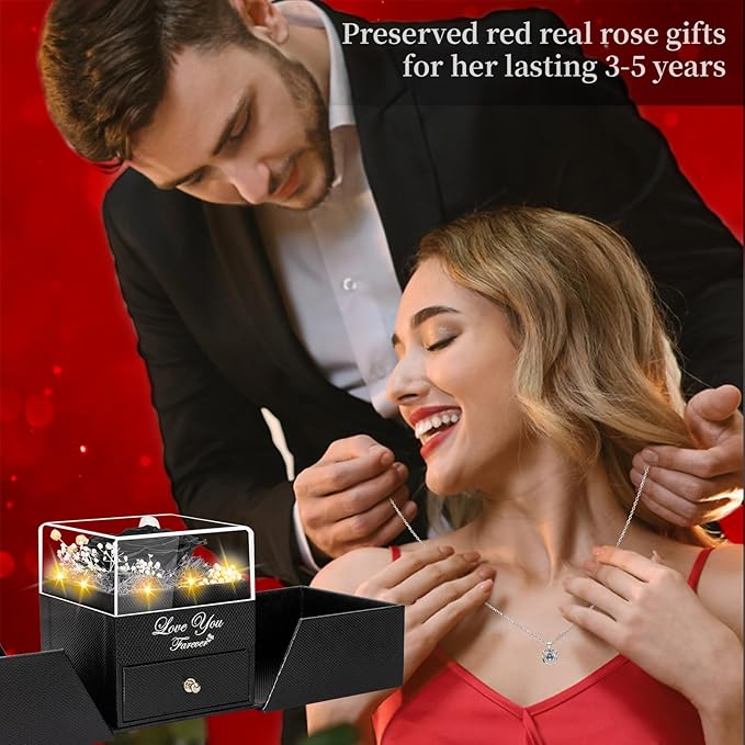 Preserved Black Real Rose-Eternal Flowers Rose Birthday Gifts for Her Mom Wife Girlfriend Grandma on Valentines Mothers Day Christmas Anniversary Romantic with Heart I Love You Necklace- Black