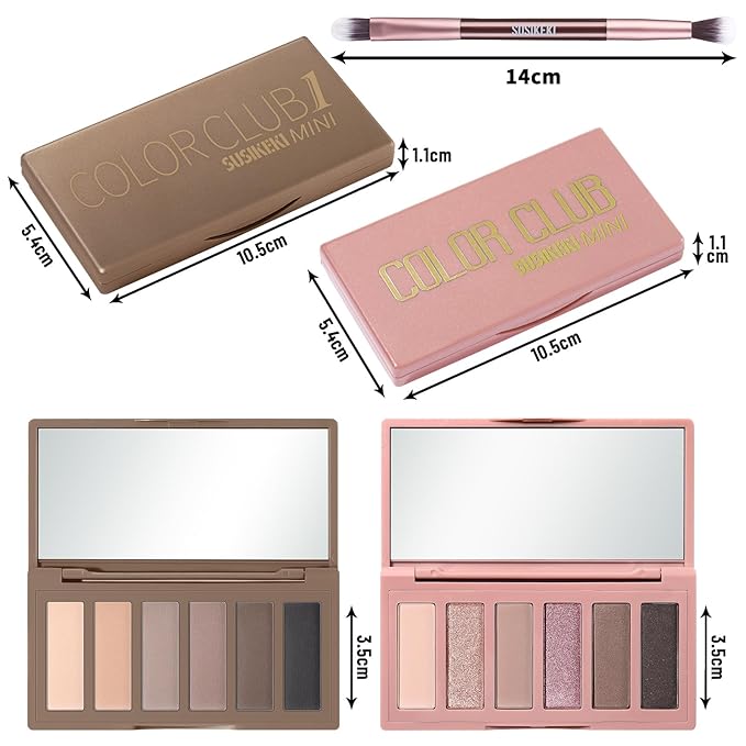 2PCS 6 Colors Mini Eyeshadow Palette Makeup with Brush Set Neutral Nude Eye Shadow Pink & Brown Matte Shimmer Make Up Pallet with Mirror Highly Pigmented Travel Size Gift Kit