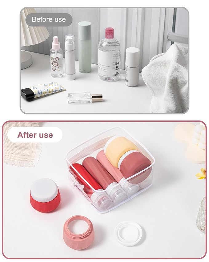 Travel Bottles for Toiletries 8 Pack, Travel Size Toiletries, Tsa Approved Travel Size Containers 3oz, with Travel Essentials Clear Bag, Leak Proof Silicone Squeezable Creams Jars