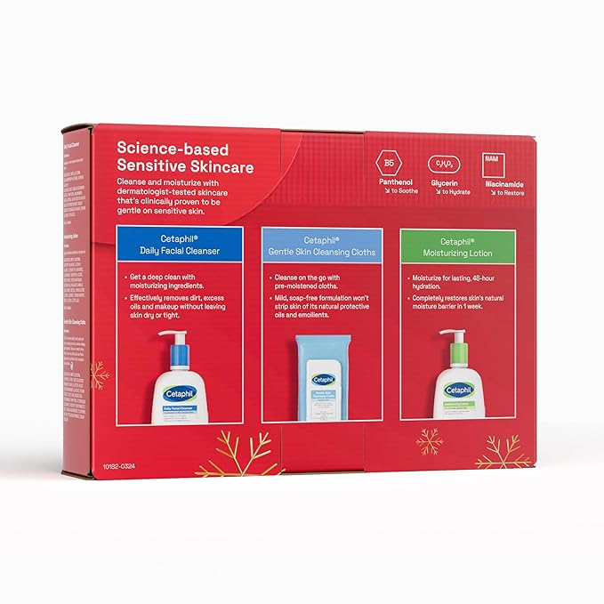 Cetaphil Winter Essentials Skin Care Set, Gentle Skin Cleansing Cloth Face Wipes 25 Count, Daily Facial Cleanser 8oz, Moisturizing Face & Body Lotion 8oz, Suitable for Sensitive Skin