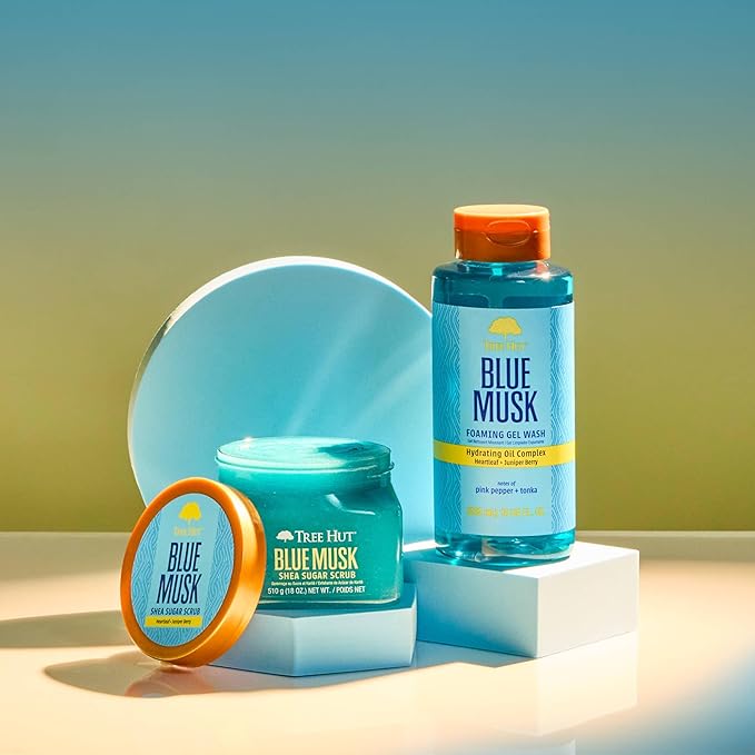 Tree Hut Blue Musk Shea Sugar Scrub, Exfoliating, Hydrating & Moisturizing Body Scrub with Shea Butter & Nourishing Essential Oils, Smooth & Soften Skin, 18 oz