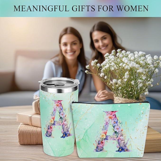 Personalized Gifts Monogrammed Birthday Gifts for Women, Bridesmaid Bachelorette Party Appreciation Christmas Initial 20 oz Tumbler, Makeup Bag Pens Journal Notebook 6 Set, (Aesthetic Green Flower A)