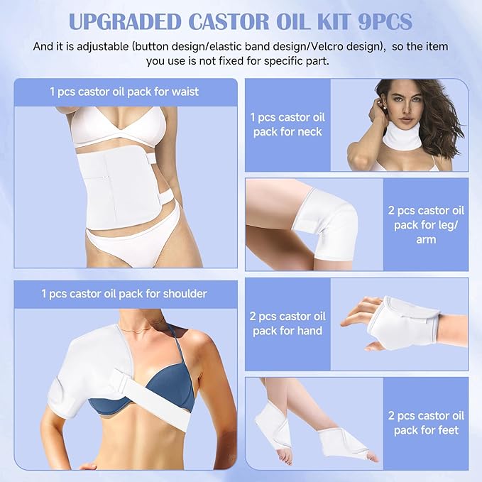 Castor Oil Wrap, 9 Pcs Organic Castor Oil Packs Kit for Entire Body Neck Shoulder Waist Back Hand Knee Leg and Feet, Reusable Pads Kit for Hot/Cold Castor Oil Compress for Woman/Man【White】