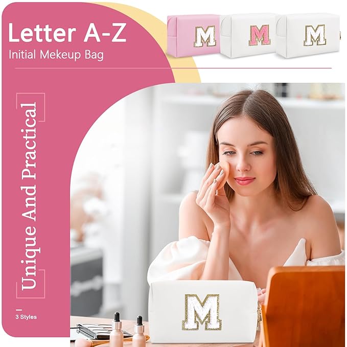 Small Personalized Initial A-Z Preppy Patch Makeup Bag,White PU Chenille Letter Travel Cosmetic Pouch with Zipper,Cute Toiletry Bag,Gift Ideal for Teen Girls Women Teacher Bridesmaid,Letter M